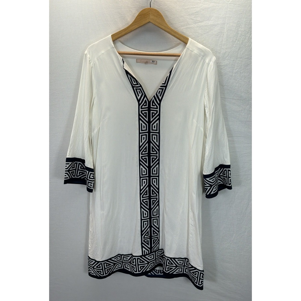 Hutch Anthropologie White/ Navy Blue Tunic Greek Key trim LG Tunic Caftan Resort
